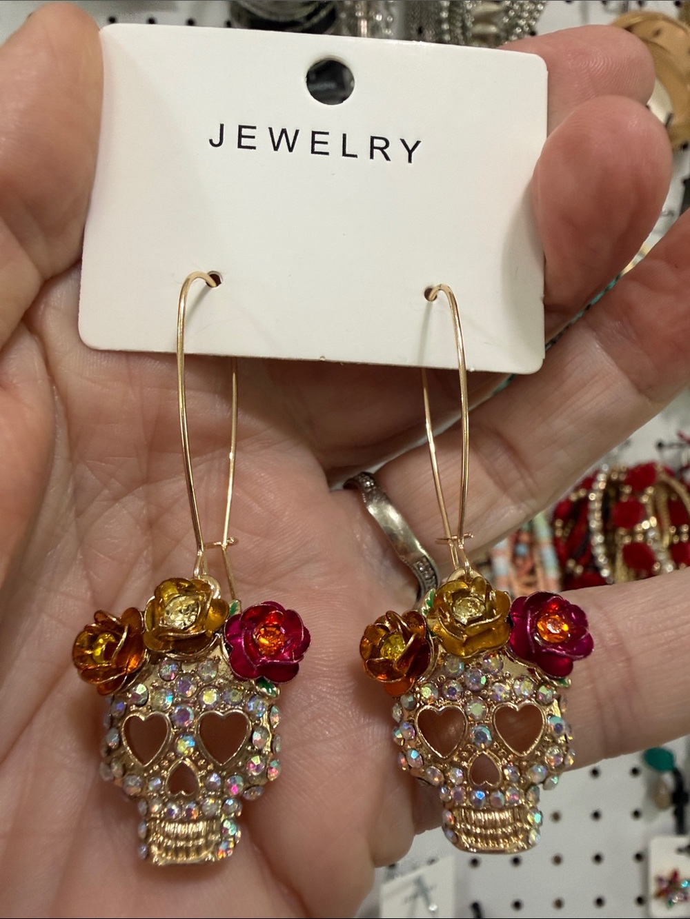 Gold Crystal Floral Skull Drop Earrings - Pink & Gold